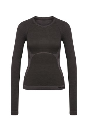 Langærmet tætsiddende mørkegrå sportstrøje med rund hals og subtile mesh-ventilationspaneler foran og på siderne.