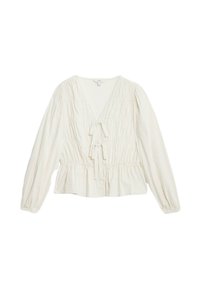 Blusa a maniche lunghe di colore crema con scollo a V profondo, texture arricciata, cintura in vita e orlo a peplum. Realizzata in tessuto leggero.