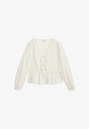 Blusa de manga larga color crema con escote en V profundo, textura fruncida, cinturón a la cintura y dobladillo peplum. Fabricada en tejido ligero.