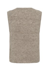 Lysbrun strikket ærmeløs top med rund halsudskæring. Har en blød tekstur og et enkelt, sømløst design uden synlige lukninger.