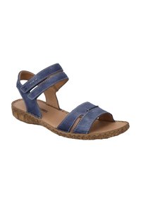 Sandale en cuir bleu avec deux larges brides réglables et une semelle en caoutchouc texturée. Présente un design à bout ouvert et des détails cousus.