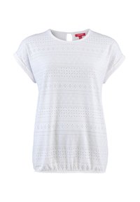 Weißes kurzärmliges Oberteil mit strukturiertem Design und Ausschnitten. Runder Ausschnitt mit einem Schlüssellochdetail im Rücken. Weicher Stoff.