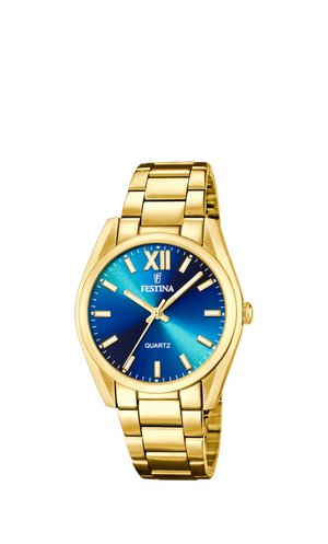 Goldene Metallarmbanduhr mit blauem Zifferblatt, goldener römischer Zwölf, goldenen Stundenmarkierungen und drei goldenen Zeigern, die 10:10:36 anzeigen.