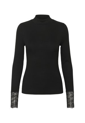 Sort langærmet ribstrikket top med høj hals og blondekanter ved ærmerne, tætsiddende model.