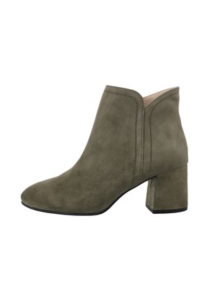 Olive green suede ankle boot with rounded toe and block heel, side seam details, and smooth sole.