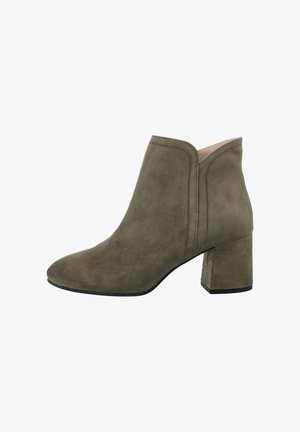 Olive green suede ankle boot with rounded toe and block heel, side seam details, and smooth sole.