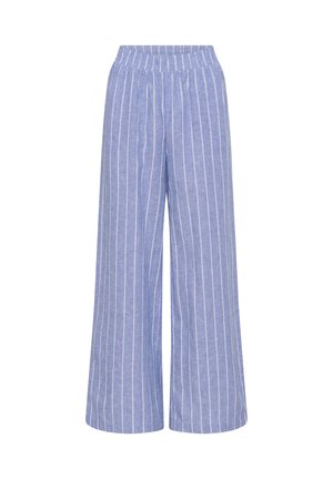 Lichtblauwe broek met wijde pijpen, verticale witte strepen en een elastische tailleband, weergegeven op een effen witte achtergrond.