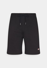 Černé bavlněné šortky s elastickým pasem a šňůrkou. Na levé nohavici je malá nášivka s logem. Hladký povrch, délka ke kolenům.