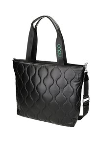 Svart, kviltad tygväska med slät, glansig yta, prydd med en vågig sömnadsmönster, dubbla handtag upptill och en justerbar axelrem.