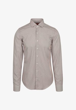 Lichtbruin gestreept overhemd met lange mouwen en knopen, met een klassieke kraag, voorknopen en een ronde zoom. Gladde stoftextuur.