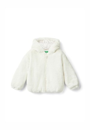 Veste blanche duveteuse à capuche pour enfants avec fermeture éclair sur le devant et doublure à pois visible à l'intérieur de la capuche, présentée sur un fond uni.