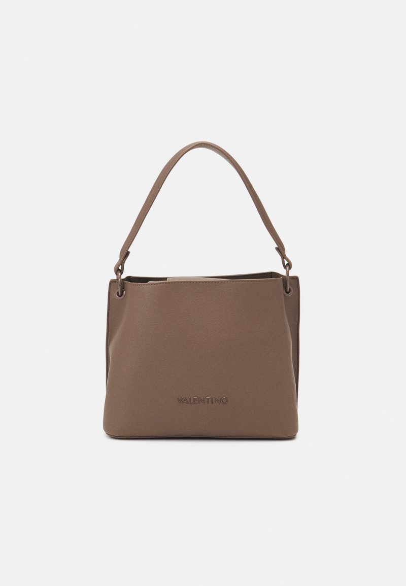 Brown leather Valentino handbag with a single strap, rectangular shape, and embossed brand logo centered on the front.
