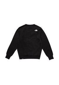 Sudadera negra hecha de una mezcla de algodón, con mangas largas, cuello redondo y un logo blanco en la parte superior de la espalda y el dobladillo.