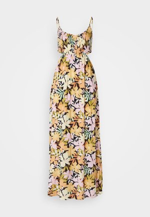 Floral maxi dress with thin straps; features a black base with multicolored flowers in yellow, pink, and green. Soft, flowing fabric.