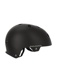 Sort mat hjelm med afrundet form, ventilationshuller, justerbar hagerem og sølvfarvet "ENDURANCE" logo på siden.