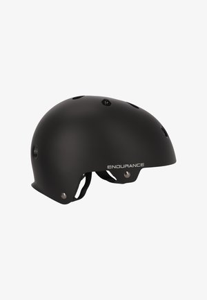 Musta mattamusta kypärä, pyöreä muoto, ilmanvaihtoaukot, säädettävä leukahihna ja hopeinen "ENDURANCE"-logo sivulla.