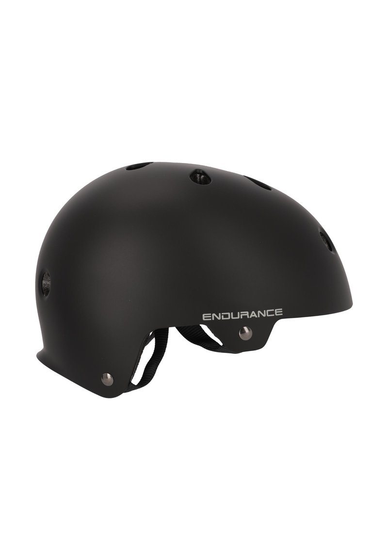 Sort mat hjelm med afrundet form, ventilationshuller, justerbar hagerem og sølvfarvet "ENDURANCE" logo på siden.