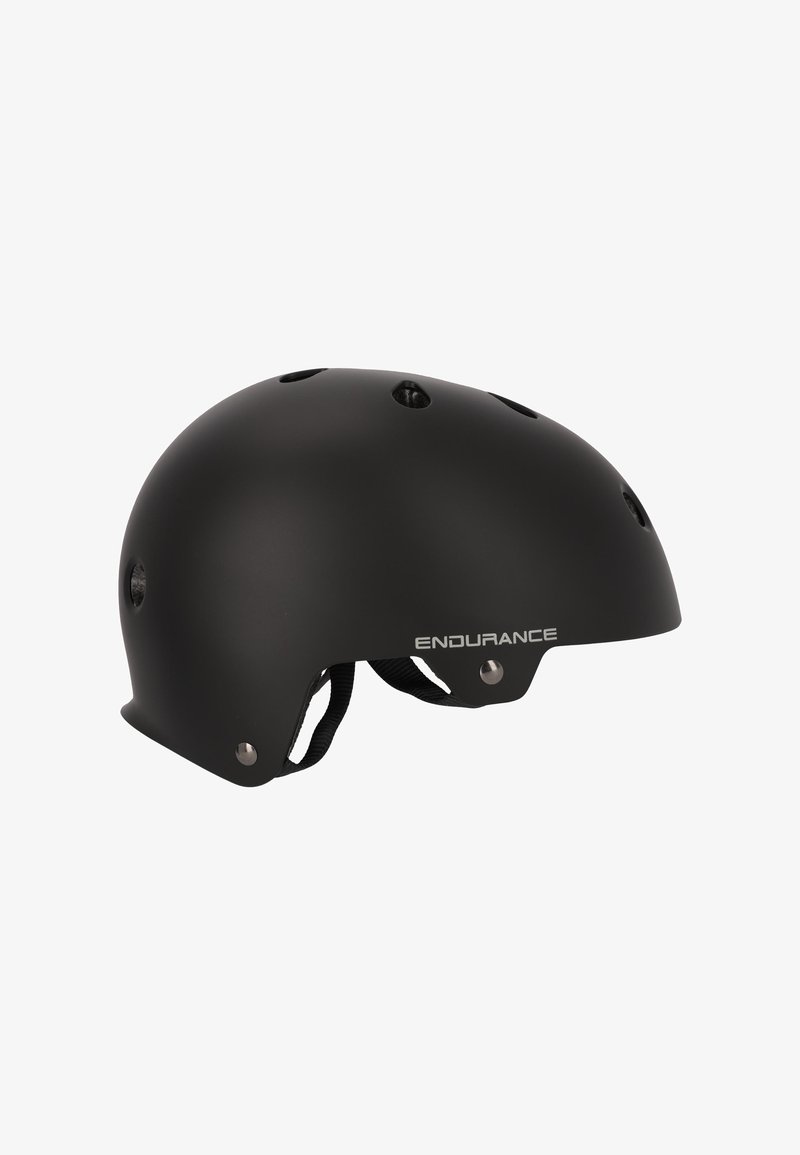 Sort mat hjelm med afrundet form, ventilationshuller, justerbar hagerem og sølvfarvet "ENDURANCE" logo på siden.