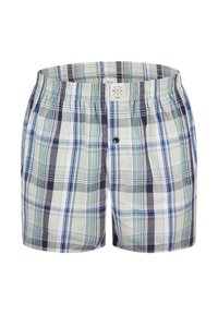 Kostkované šortky v zelené, modré a námořnické barvě s elastickým pasem a předním zapínáním na knoflík. Lehce materiál.