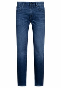 Jeans in denim blu scuro con vestibilità dritta, cinque tasche, leggero sbiadimento e chiusura a bottone. Presentano un girovita standard e dettagli di cucitura.