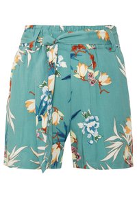 Tealfärgade höga shorts med blommönster, utrustade med ett tygbälte knutet i midjan och sidelommer.