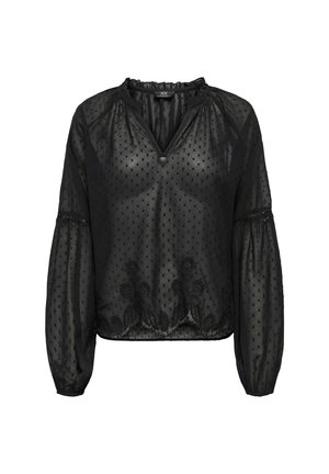 Černá, průhledná blůza s puntíkovaným vzorem, výstřihem do V a vyšívaným květinovým vzorem na lemu. Má nabírané rukávy s elastickými manžetami.
