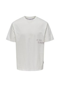 Weißes Baumwoll-T-Shirt mit Rundhalsausschnitt, kurzen Ärmeln und einem Drucktextdetail auf der linken Seite mit der Aufschrift „Kein Risiko, keine Belohnung.“