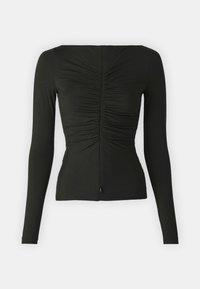 Zwarte top met lange mouwen, gemaakt van rekbare stof, met een rits aan de voorkant, geplooide textuur en een getailleerd silhouet.