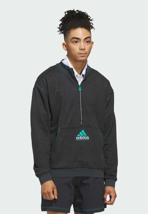 Zwarte zip-up sweatshirt met turquoise accenten en logo, voorzien van een hoge kraag, elastische manchetten en een voork toepaki. Gladde textuur.