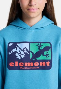 Sweat à capuche bleu clair avec un graphisme de montagnes et un lézard, et le texte « element » en orange avec les mots « Wind Water Fire Earth » en dessous.