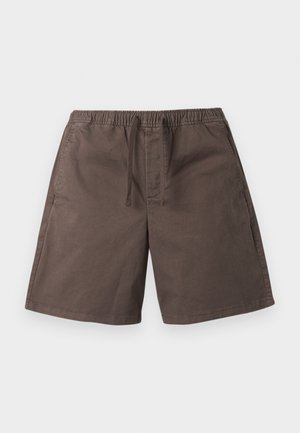 Brown casual shorts with elastic waistband and drawstring, featuring side pockets and a relaxed fit.