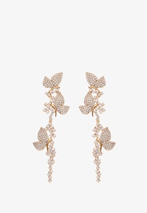 Goldfarbene Ohrringe in Schmetterlingsform, verziert mit klaren Strasssteinen. Sie verfügen über ein kaskadierendes Design mit floralen Akzenten und einem funkensprühenden Finish.
