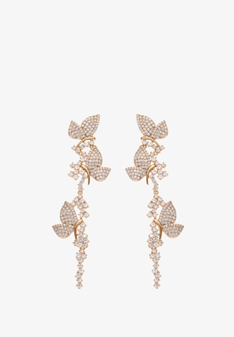 Náušnice ve zlatém tónu ve tvaru motýlů, zdobené jasnými rhinestonovými kameny. Mají kaskádový design s květinovými akcenty a třpytivým povrchovým zpracováním.