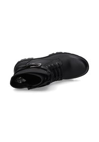 Schwarze Leder-Stiefelette mit runder Spitze, Schnürung vorne, Seitenacessoire und strukturiertem Gummisohle für besseren Halt.