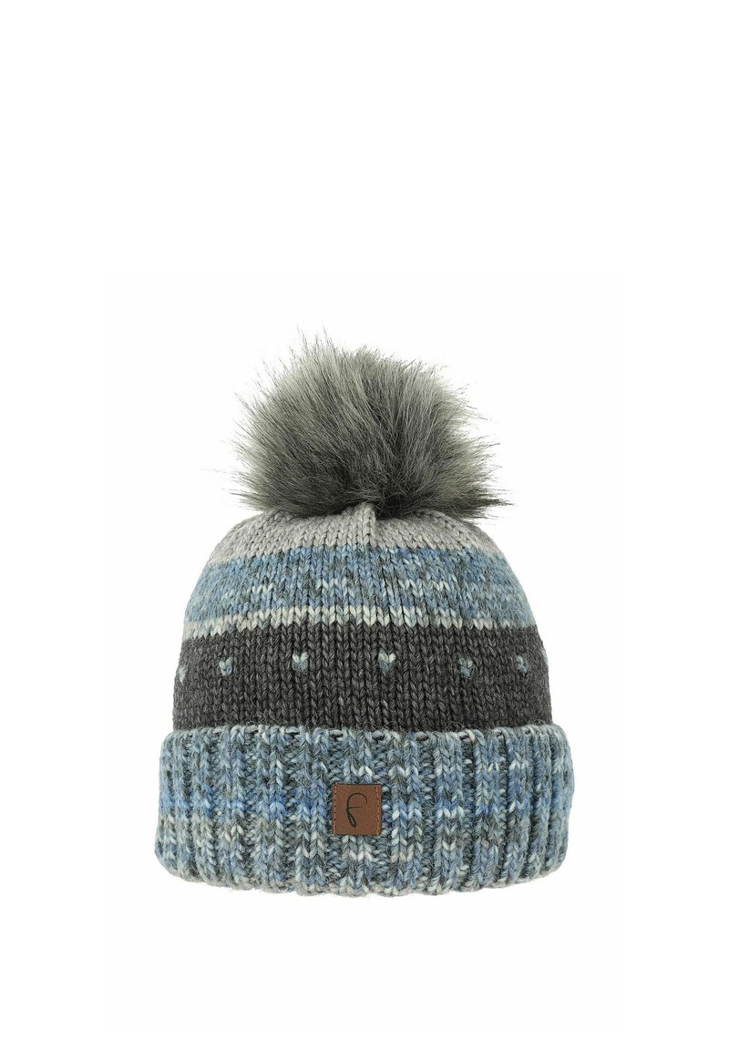 Knit beanie in blue, gray, and white colors, featuring a fluffy gray pom-pom and a textured ribbed band with a leather logo patch.