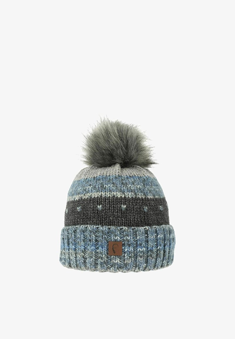Knit beanie in blue, gray, and white colors, featuring a fluffy gray pom-pom and a textured ribbed band with a leather logo patch.