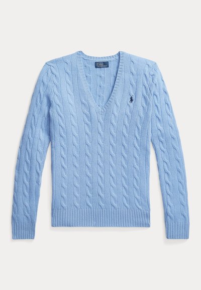 Világoskék fonott mintás V-nyakú pulóver hosszú ujjakkal, a mellrészen hímzett Polo Ralph Lauren logóval.