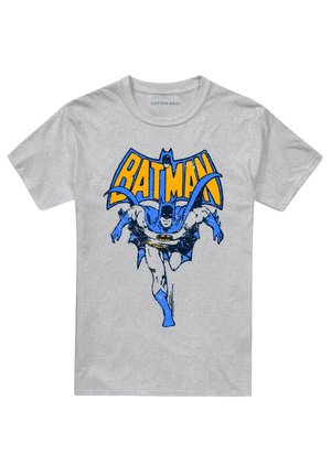 Graues T-Shirt mit einer Vintage-Batman-Grafik in Blau und Gelb, die Batman zeigt, wie er unter einem großen Batman-Logo nach vorne läuft.