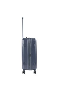 Maleta rígida con ruedas en gris oscuro, con asa telescópica, dos ruedas y cierre de cremallera. Textura suave y brillante.