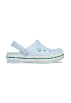 Light blue clog with a closed toe, ventilation holes, and adjustable heel strap. Features a white speckled sole with turquoise accents.