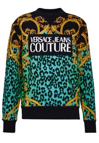 Sudadera de cuello redondo de Versace Jeans Couture en color turquesa con estampado de leopardo negro, acentos de cadena dorada y gran logo blanco en el pecho.
