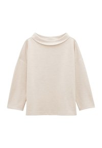 Maglione lungo beige chiaro a maniche lunghe con collo a cappuccio, design morbido e tessuto testurizzato. Nessun motivo o dettaglio aggiuntivo presente.
