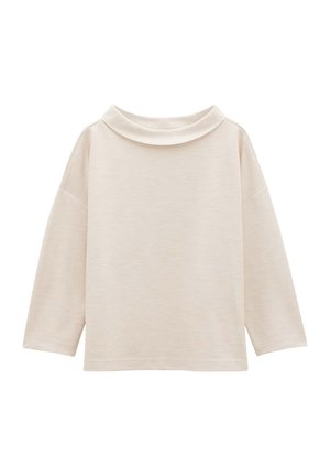 Lichtbeige lange mouwen trui met een colhals, een losse pasvorm en een getextureerde stof. Geen patronen of extra details aanwezig.