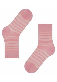 Rosa gestreifte Socken mit weicher Textur. Sie verfügen über breite und schmale Streifen in helleren Rosa-Tönen sowie eine einfarbige rosa Ferse und Spitze.