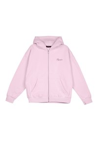 Fény rózsaszín zipzáras kapucnis pulóver, elülső zsebekkel és bordázott mandzsettákkal. Diszkrét hímzett logó található a bal mellkas területén.