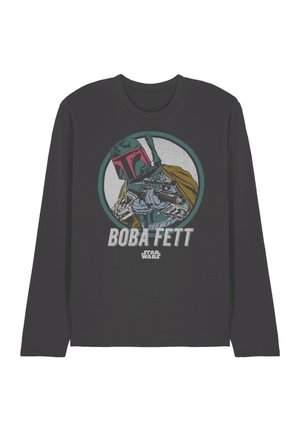 Schwarzes Langarm-T-Shirt mit Boba Fett-Grafik in den Farben Pink, Grün, Gelb und Blau. Der Text lautet "BOBA FETT" und "STAR WARS".