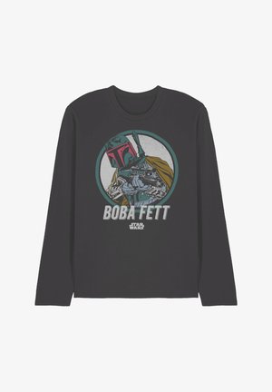 Black long-sleeve t-shirt featuring Boba Fett graphic in colors of pink, green, yellow, and blue. Text reads "BOBA FETT" and "STAR WARS."