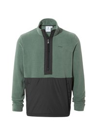 Fleece pullover in muted green and black, features a zip neck, long sleeves, and a contrast lower panel with side pockets.