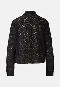 Black lace jacket featuring a paisley pattern, long sleeves, a collar, and solid black cuffs. The material is lightweight and textured.