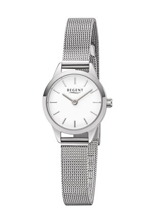 Women's silver mesh strap watch with a round white dial, silver hands, and minimalist hour markers. Features a stainless steel case.
